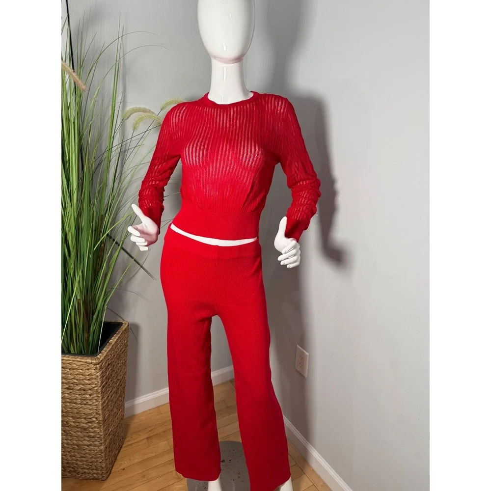 Chic me Red‎ Ribbed Knit Two Piece Set Sheer Long Sleeve Top & High Waist Pants